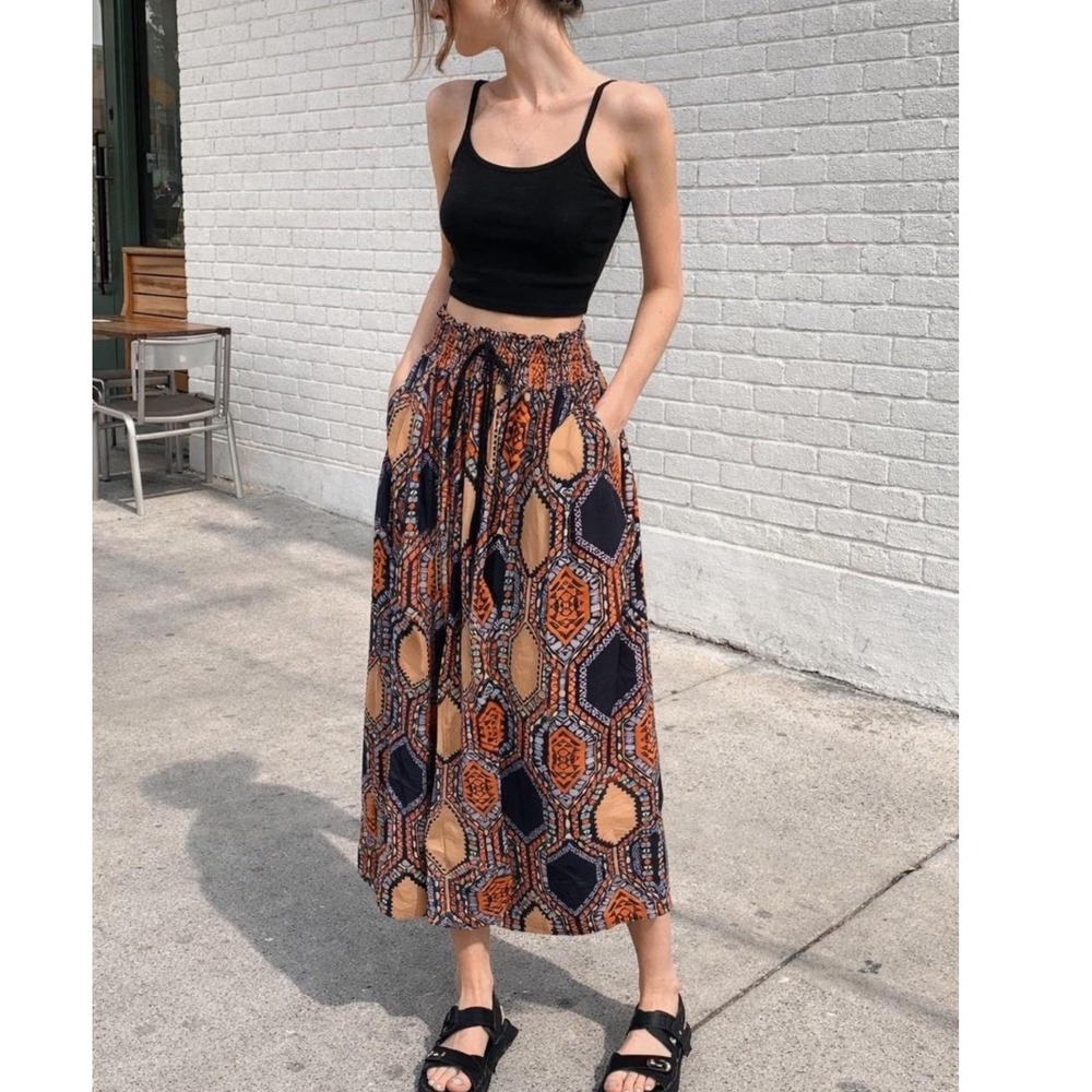 Maeve Anthropologie hexprint Geometric Print Smocked Maxi Skirt Orange Medium